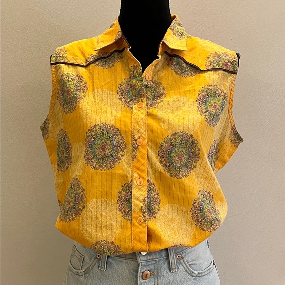 Vintage Aura by Wrangler sleeveless western top, size L, yellow stripe medallion - Picture 1 of 10